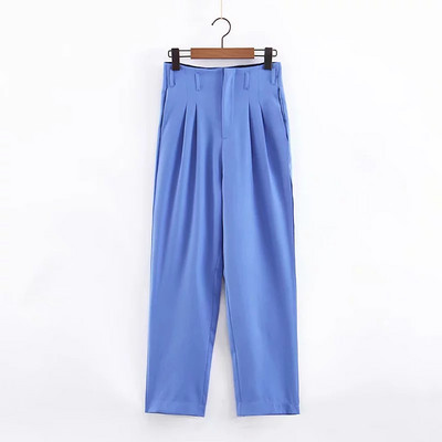 Дамски панталон с висока талия и колан в син цвят 