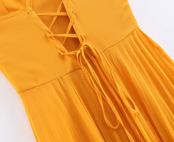 Rochie de dama plisata cu bretele subtiri de culoare galbena