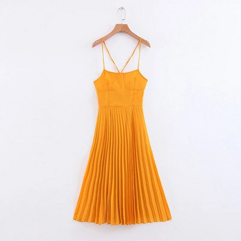 Rochie de dama plisata cu bretele subtiri de culoare galbena