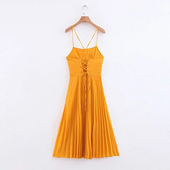 Rochie de dama plisata cu bretele subtiri de culoare galbena