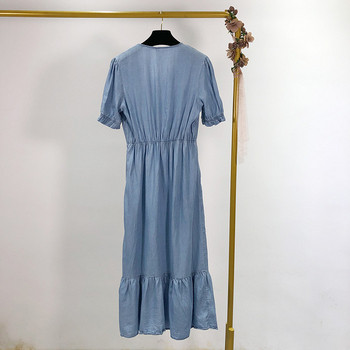 Rochie lunga de dama cu maneci scurte de culoare albastra