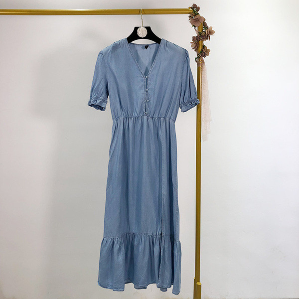 Rochie lunga de dama cu maneci scurte de culoare albastra