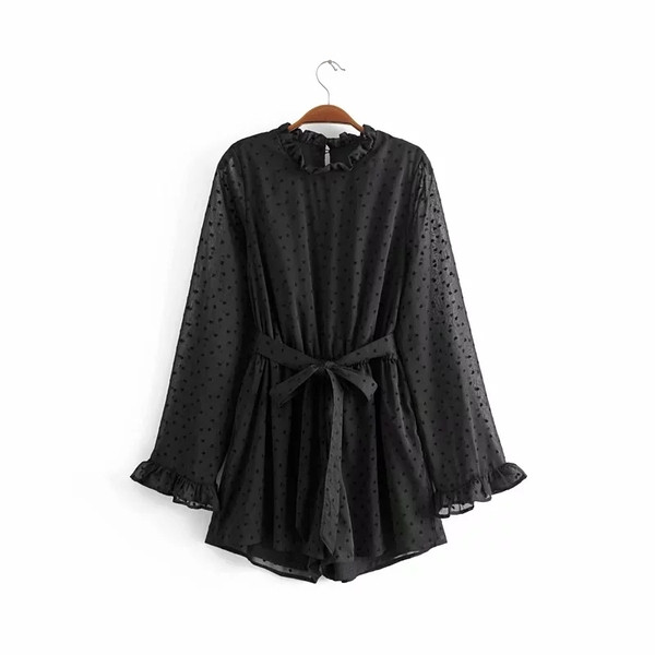 Salopetă de damă elegantă, cu mâneci din dantelă, de culoare neagră