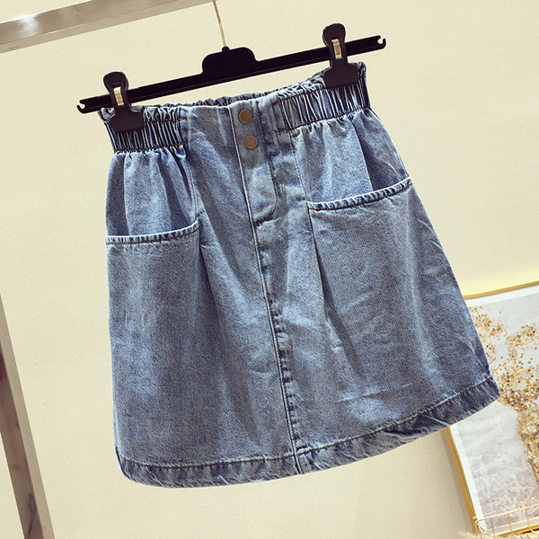 Fusta de dama moderna din denim cu talie elastica de culoare albastra