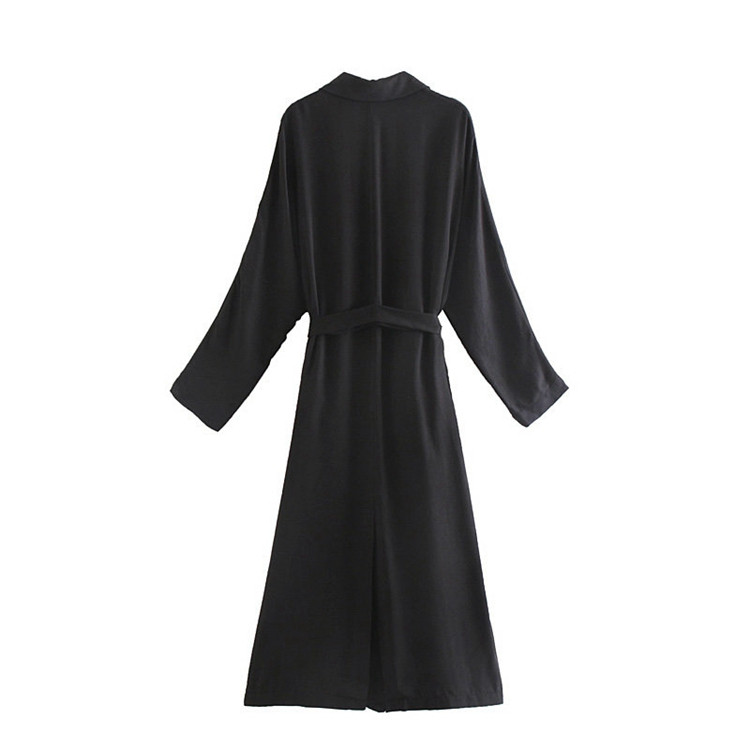 Palton lung de damă cu șireturi în talie de culoare neagră