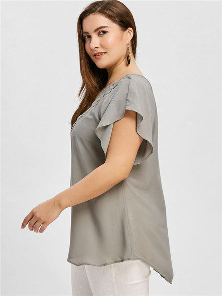 Bluză casual de damă cu mâneci scurte și dantelă de culoare gri
