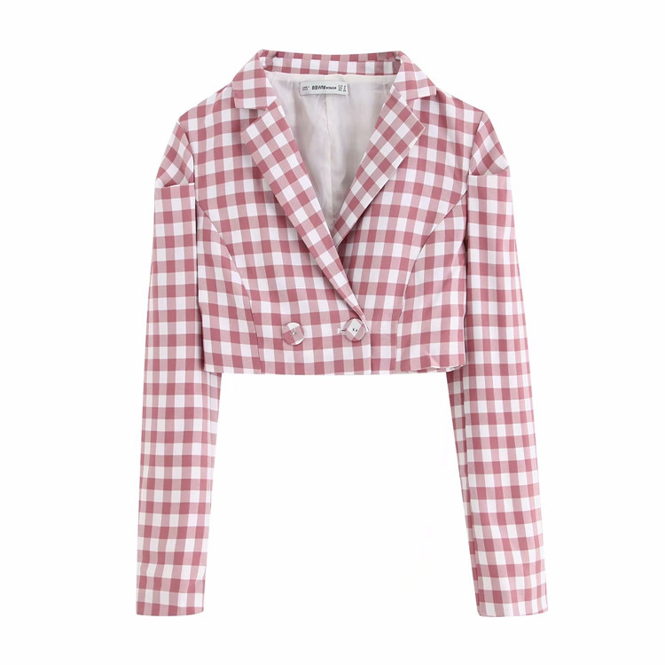 Női kockás rövid kabát hosszú ujjal