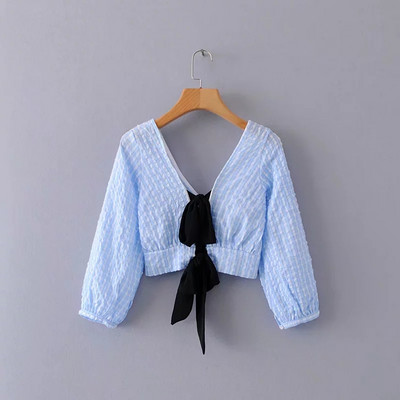 Cămașă modernă-model scurt de damă în roz și albastru