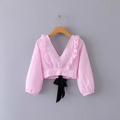 Cămașă modernă-model scurt de damă în roz și albastru