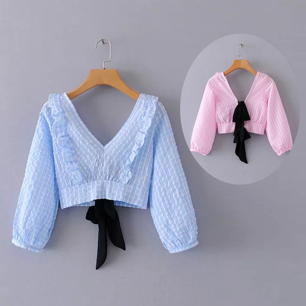 Cămașă modernă-model scurt de damă în roz și albastru