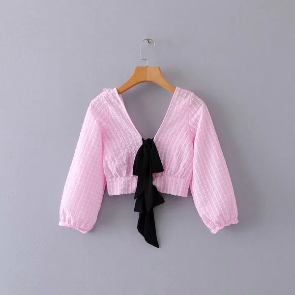 Cămașă modernă-model scurt de damă în roz și albastru