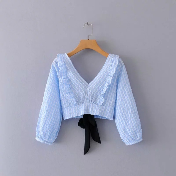 Cămașă modernă-model scurt de damă în roz și albastru