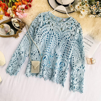 Bluză de damă elegantă cu mâneci lungi și dantelă în mai multe culori