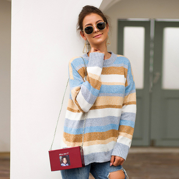 Pulover casual dama in dungi si decolteu O in mai multe culori