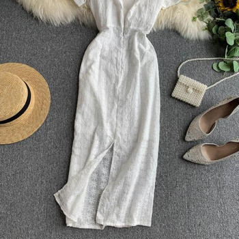 Hosszú, fehér, rövid ujjú női ruha