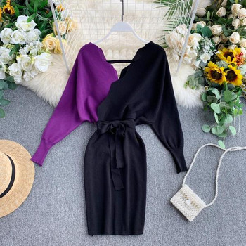 Rochie casual de dama realizata din tricotat subtire cu curea in mai multe culori