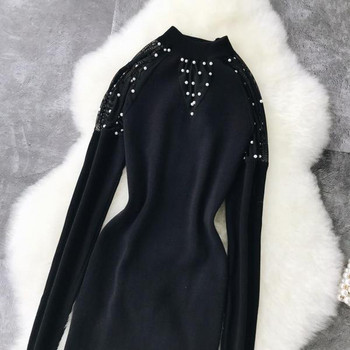 Fekete színű gyöngyös női kötött ruha