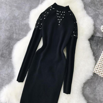 Fekete színű gyöngyös női kötött ruha