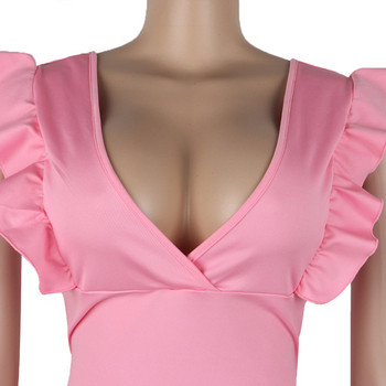 Rochie scurtă casual de damă, cu decolteu adânc, în negru și roz