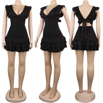 Rochie scurtă casual de damă, cu decolteu adânc, în negru și roz