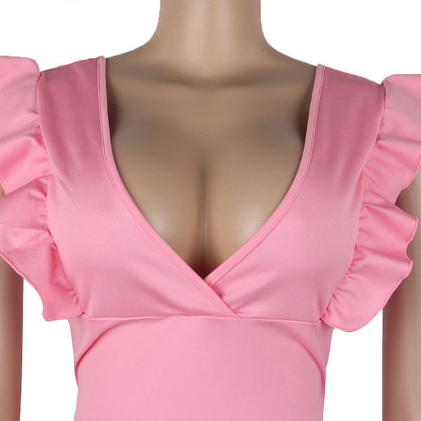 Rochie scurtă casual de damă, cu decolteu adânc, în negru și roz