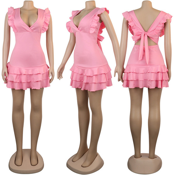 Rochie scurtă casual de damă, cu decolteu adânc, în negru și roz