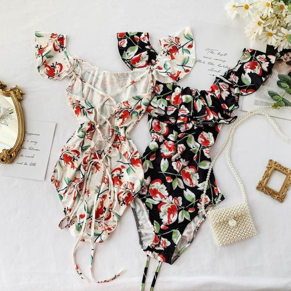 Costum de baie elegant cu șireturi pe spate în alb-negru