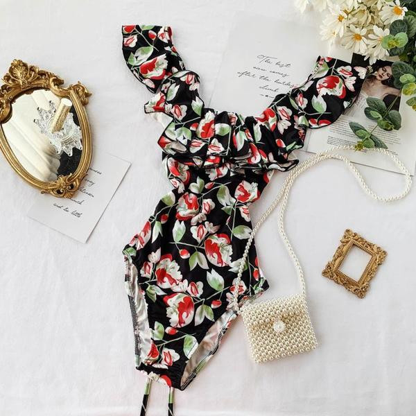 Costum de baie elegant cu șireturi pe spate în alb-negru