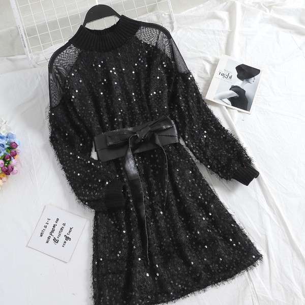 Őszi női ruha átlátszó váll és flitterekkel több színben