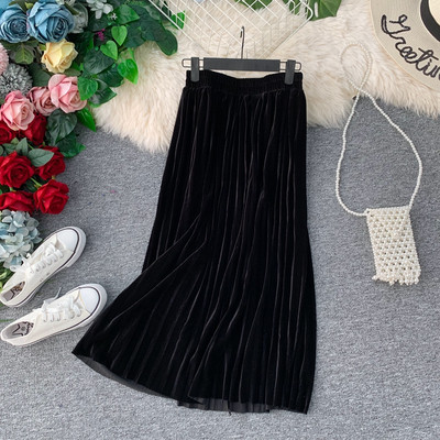 Fusta de dama din catifea plisata cu talie inalta
