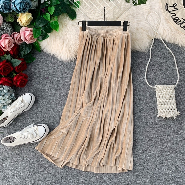 Fusta de dama din catifea plisata cu talie inalta