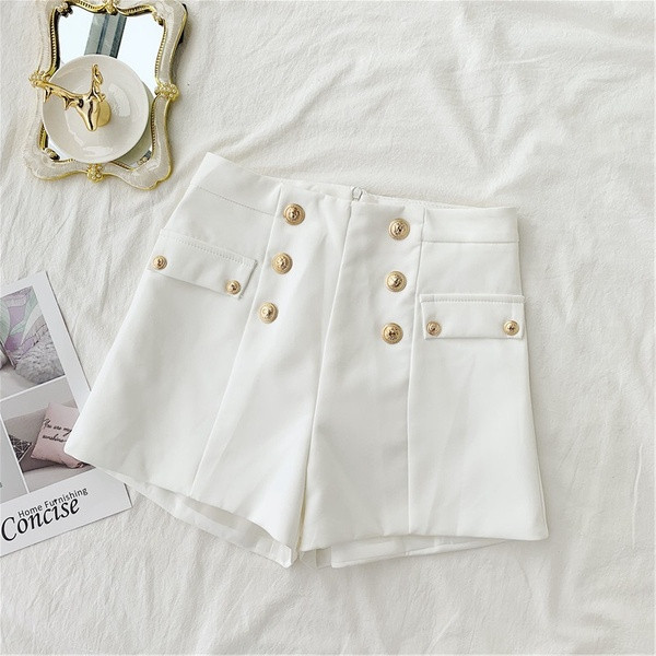 Pantaloni scurți eleganti de damă cu decor metalic în alb și negru