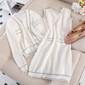 Set elegant pentru femei, care include un cardigan și o rochie alb-negru