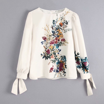 Bluza eleganta de dama cu imprimeu floral si cravate la maneca