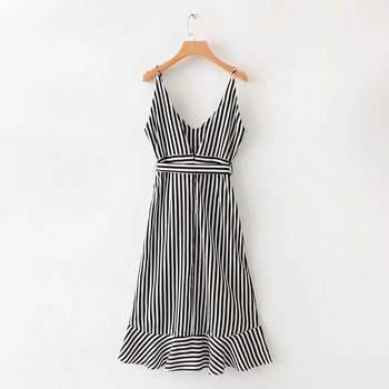 Rochie de dama in dungi cu bretele subtiri in alb-negru