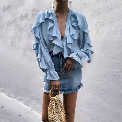 Cămașă elegantă de damă cu mâneci lungi și decolteu adânc în mai multe culori