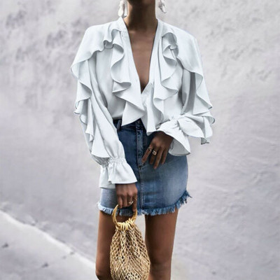 Cămașă elegantă de damă cu mâneci lungi și decolteu adânc în mai multe culori