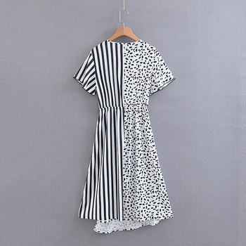 Rochie de dama cu maneci scurte si decolteu in V in alb-negru