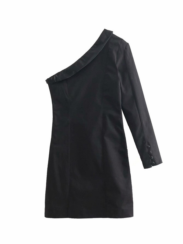 Rochie elegantă de damă în negru, cu umărul gol