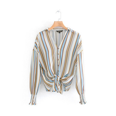 Cămașă în dungi cu legături în talie și mâneci lungi