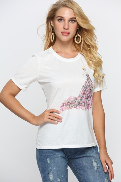 Tricou casual dama cu aplicatie si paiete in alb