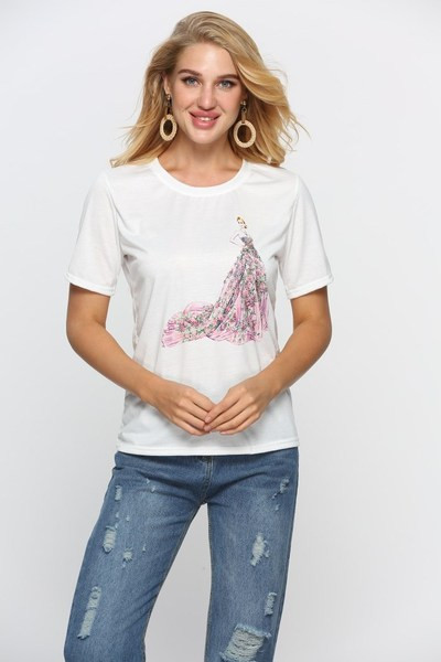 Tricou casual dama cu aplicatie si paiete in alb