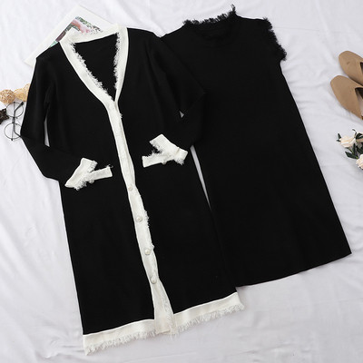 Modern női szett, amely egy ruhát és egy hosszú kardigánt tartalmaz több színben