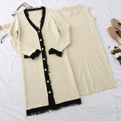 Modern női szett, amely egy ruhát és egy hosszú kardigánt tartalmaz több színben