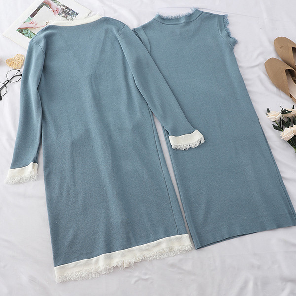 Modern női szett, amely egy ruhát és egy hosszú kardigánt tartalmaz több színben