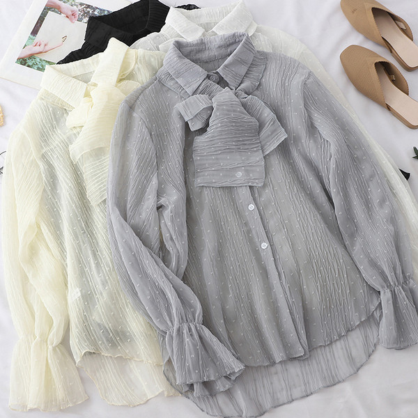 Stílusos női ing gallérján szalaggal több színben