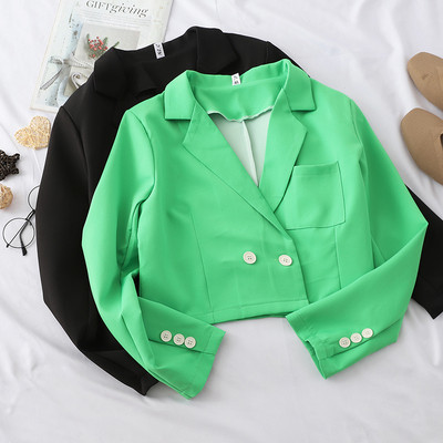 Дамско сако къс модел в черен и зелен цвят