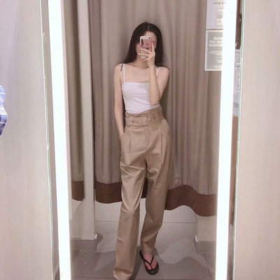 Pantaloni eleganti cu talie inalta si curea bej