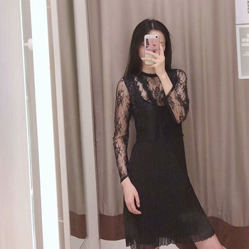 Rochie plisata eleganta cu dantela in negru