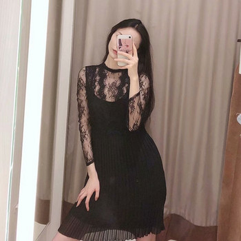 Rochie plisata eleganta cu dantela in negru